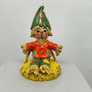 Vintage Dolores 1980 Ceramic Scarecrow Figurine Sitting on Hay Bale Fall Decor